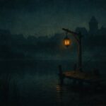 Etang medieval fantastique la nuit avec une lanterne doree sur un ponton et des rides sur l eau sombre