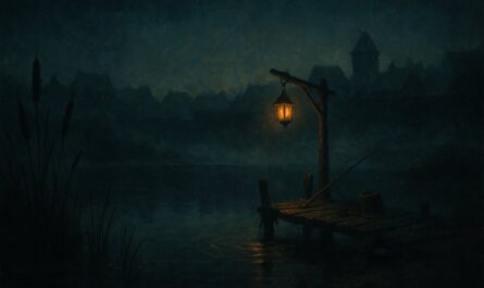 Etang medieval fantastique la nuit avec une lanterne doree sur un ponton et des rides sur l eau sombre