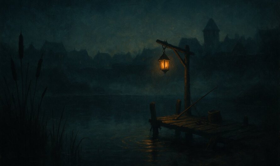 Etang medieval fantastique la nuit avec une lanterne doree sur un ponton et des rides sur l eau sombre