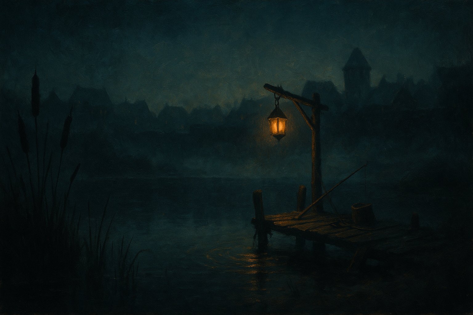 Etang medieval fantastique la nuit avec une lanterne doree sur un ponton et des rides sur l eau sombre