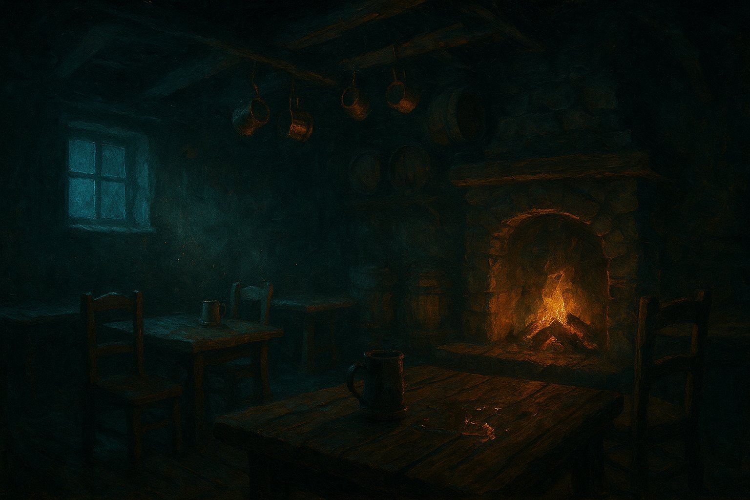 Interieur peint d'une taverne medievale fantastique eclairee par un atre, ambiance sombre et doree
