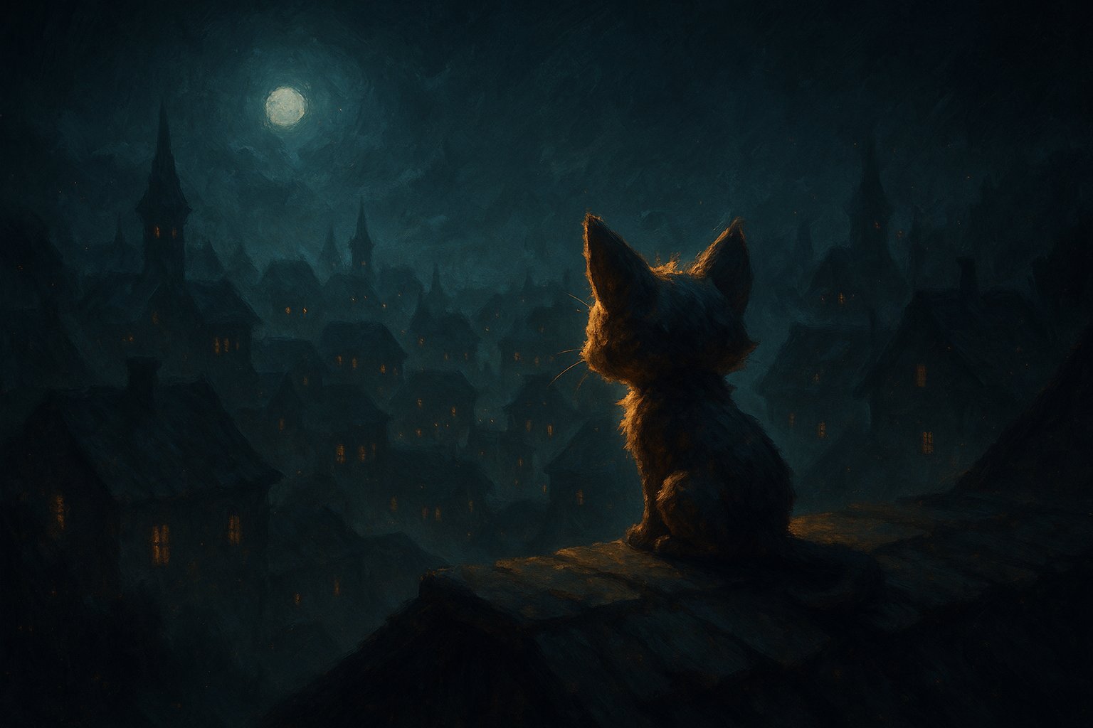 Illustration d un petit felin perdu sur un toit au clair de lune, evoquant le chacha disparu de la quete