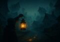 Illustration key-art d une lanterne eclairant des traces de pattes dorees, quete Chacun cherche son chacha Dofus