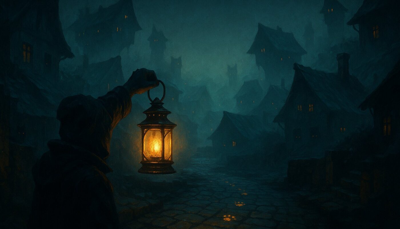 Illustration key-art d une lanterne eclairant des traces de pattes dorees, quete Chacun cherche son chacha Dofus