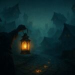 Illustration key-art d une lanterne eclairant des traces de pattes dorees, quete Chacun cherche son chacha Dofus