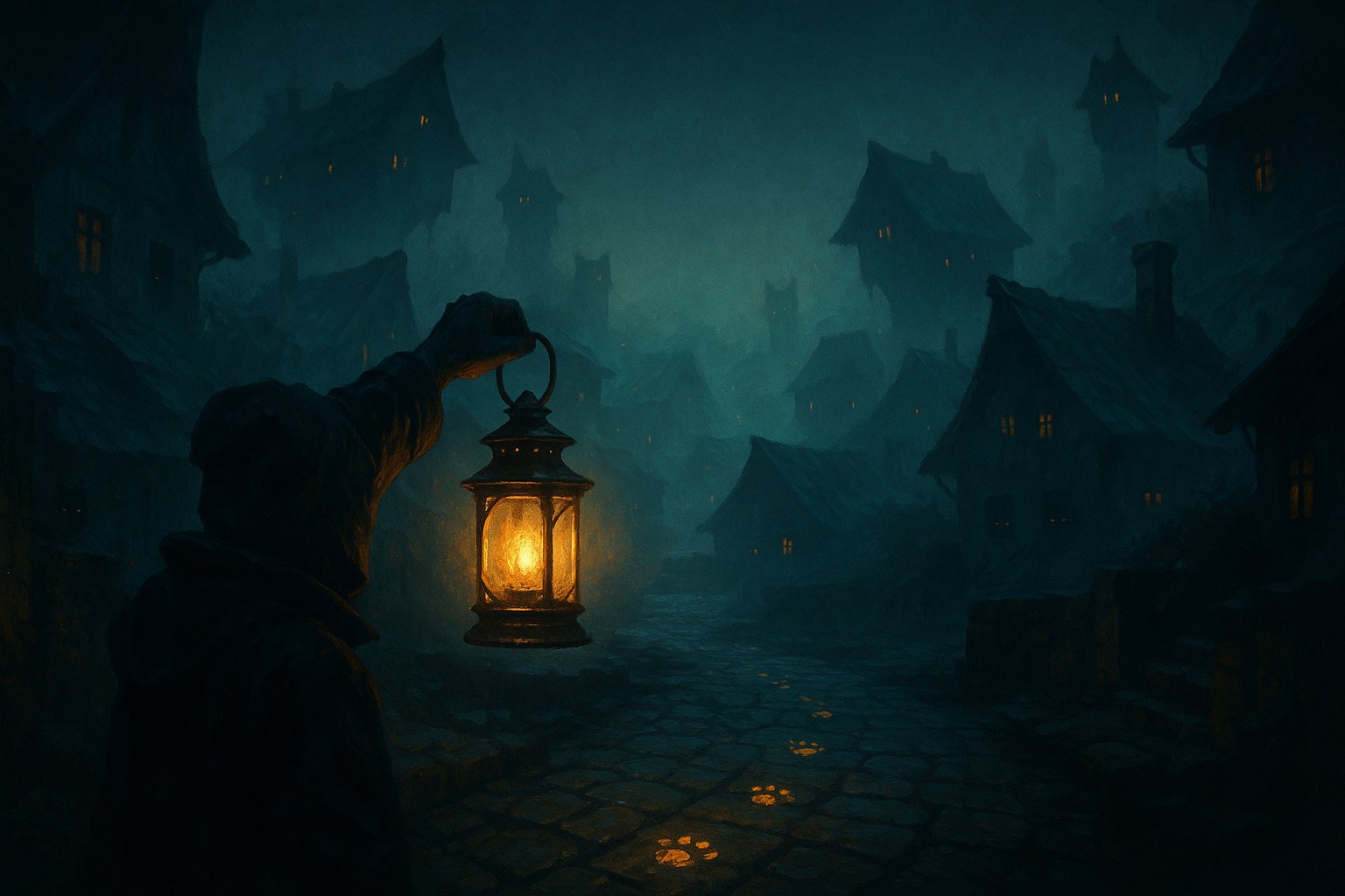 Illustration key-art d une lanterne eclairant des traces de pattes dorees, quete Chacun cherche son chacha Dofus