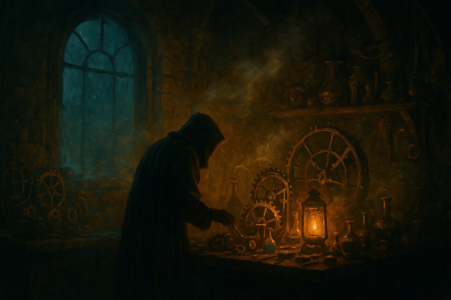 Atelier d'un savant temporel avec engrenages, alambics et lumière dorée, illustration du Doc Emiette Borgne Dofus