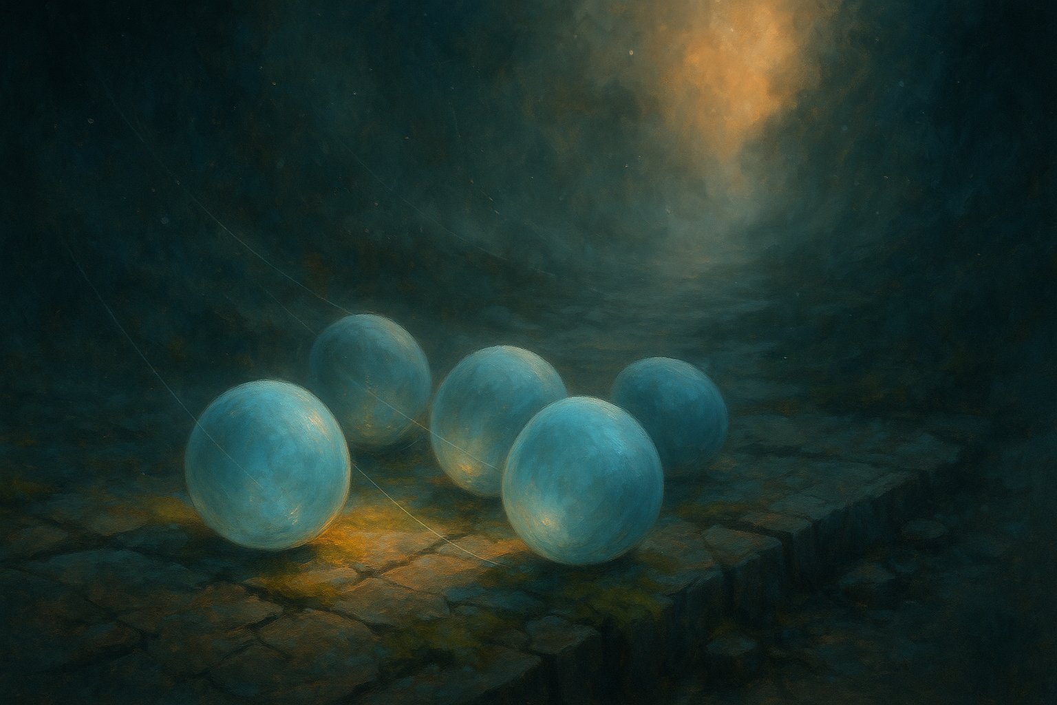 Cinq œufs lumineux bleu pâle posés sur la pierre ancienne des Chemins d'hier, œufs d'araignée du temps Dofus