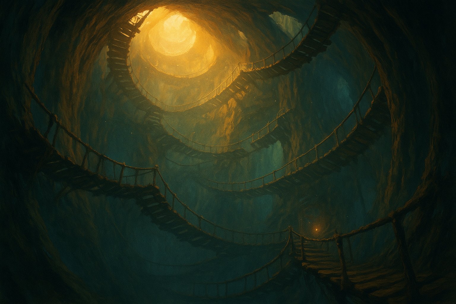 Interieur du tronc de l'arbre Hakam : passerelles et echelles en spirale pour rejoindre Otomai sur l'ile d'Otomai