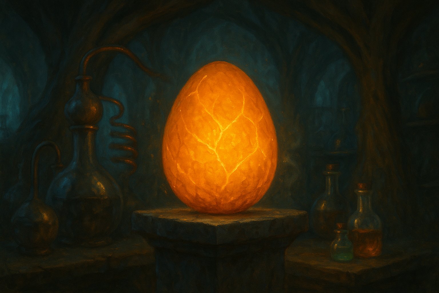 Le Dofus Ocre represente par un oeuf ambre lumineux sur un socle dans le laboratoire de l'alchimiste
