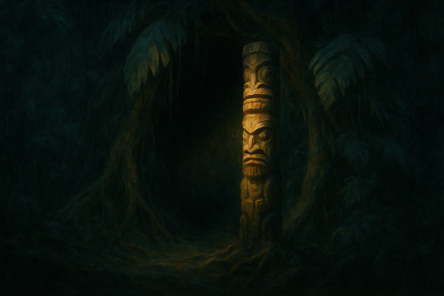 Illustration d'un totem de bois sculpté devant l'entrée sombre d'une clairière cachée dans une jungle dense