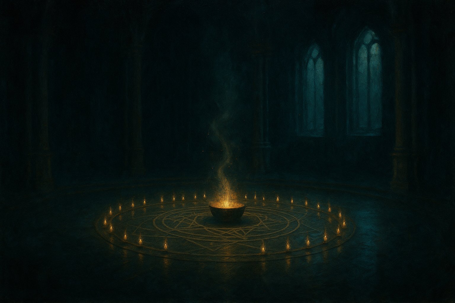 Illustration d'une salle rituelle de pierre, cercle de bougies dorées autour d'un brasier, lumière froide filtrant par de hautes fenêtres