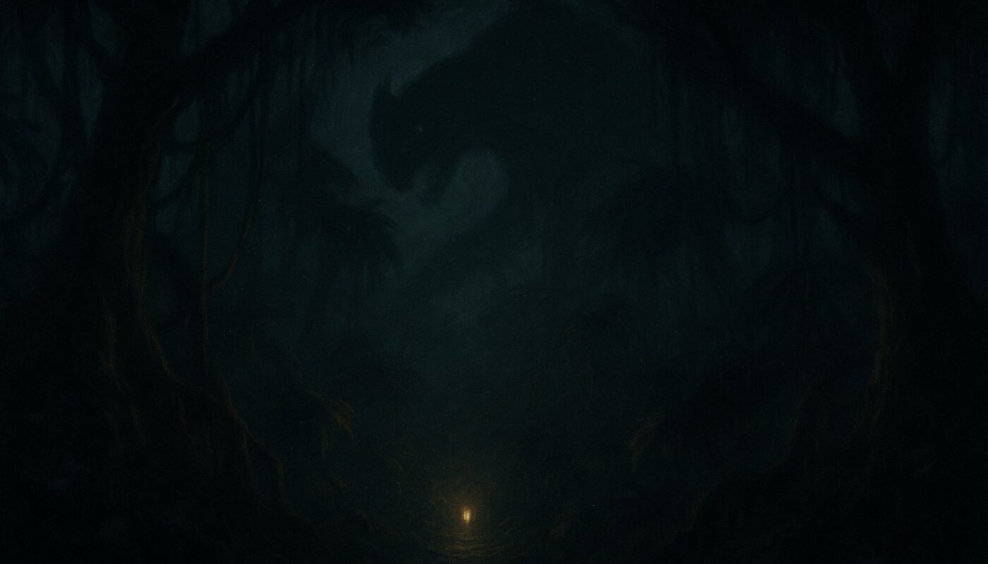 Illustration sombre d'une jungle nocturne où une immense ombre predatrice se devine au-dessus d'une lanterne doree isolee, pour la quete Dofus L'ombre et la proie