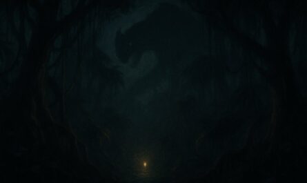 Illustration sombre d'une jungle nocturne où une immense ombre predatrice se devine au-dessus d'une lanterne doree isolee, pour la quete Dofus L'ombre et la proie