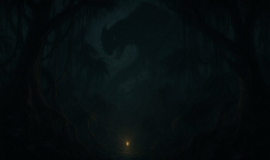 Illustration sombre d'une jungle nocturne où une immense ombre predatrice se devine au-dessus d'une lanterne doree isolee, pour la quete Dofus L'ombre et la proie