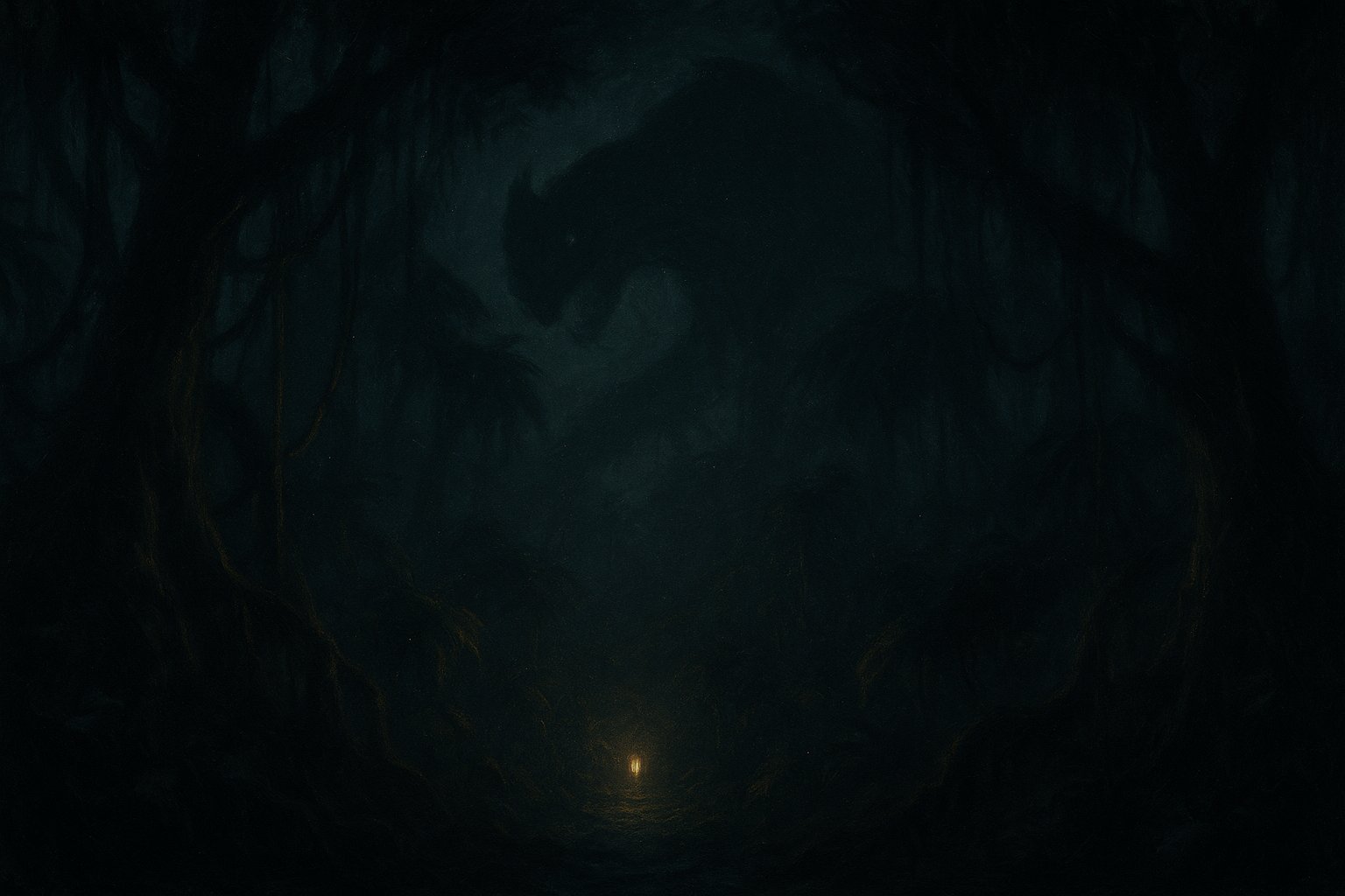 Illustration sombre d'une jungle nocturne où une immense ombre predatrice se devine au-dessus d'une lanterne doree isolee, pour la quete Dofus L'ombre et la proie