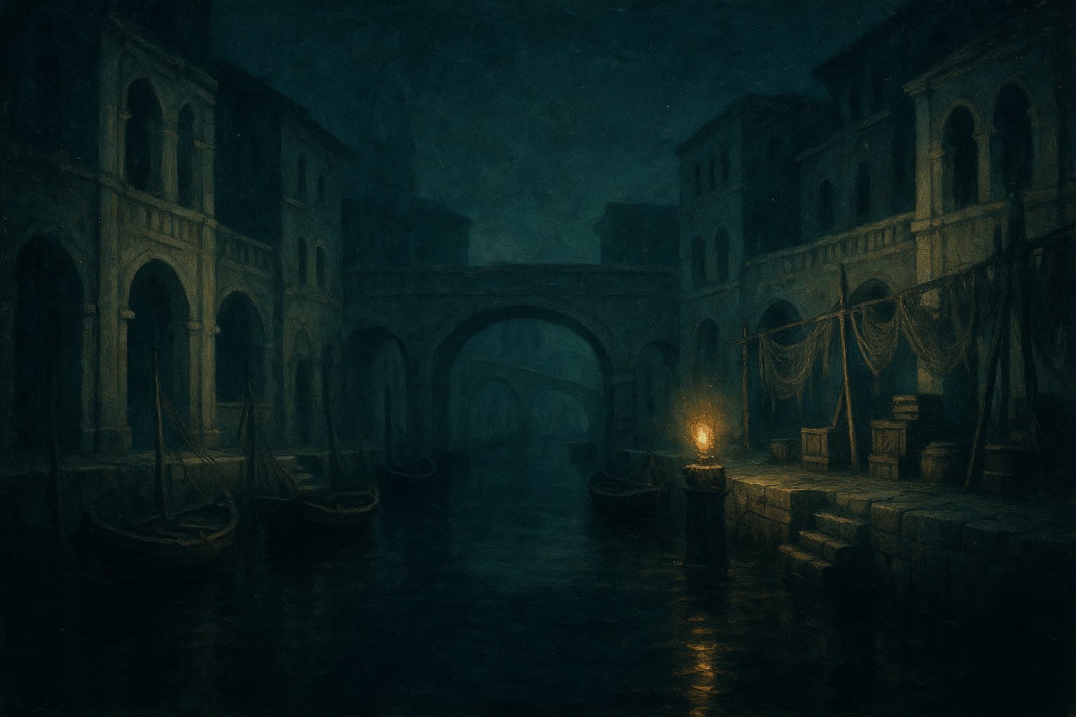 Illustration du quartier portuaire de Bonta la nuit, quais de pierre claire, barques amarrées et filets de pêche sous une lanterne dorée