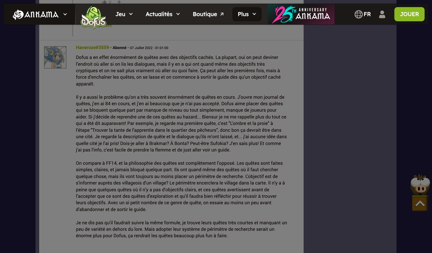 Message du forum officiel Dofus citant l'étape Trouver la tante de l'apprentie dans le quartier des pêcheurs comme exemple d'objectif introuvable
