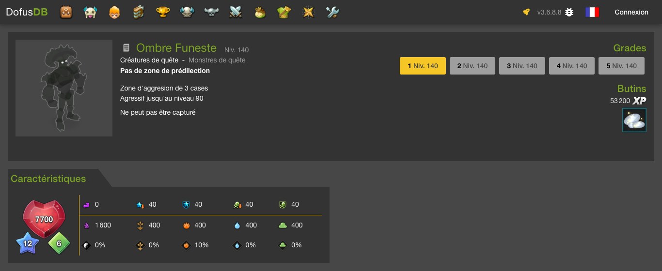 Fiche de l'Ombre Funeste sur DofusDB montrant 7 700 points de vie, 12 PA et 6 PM