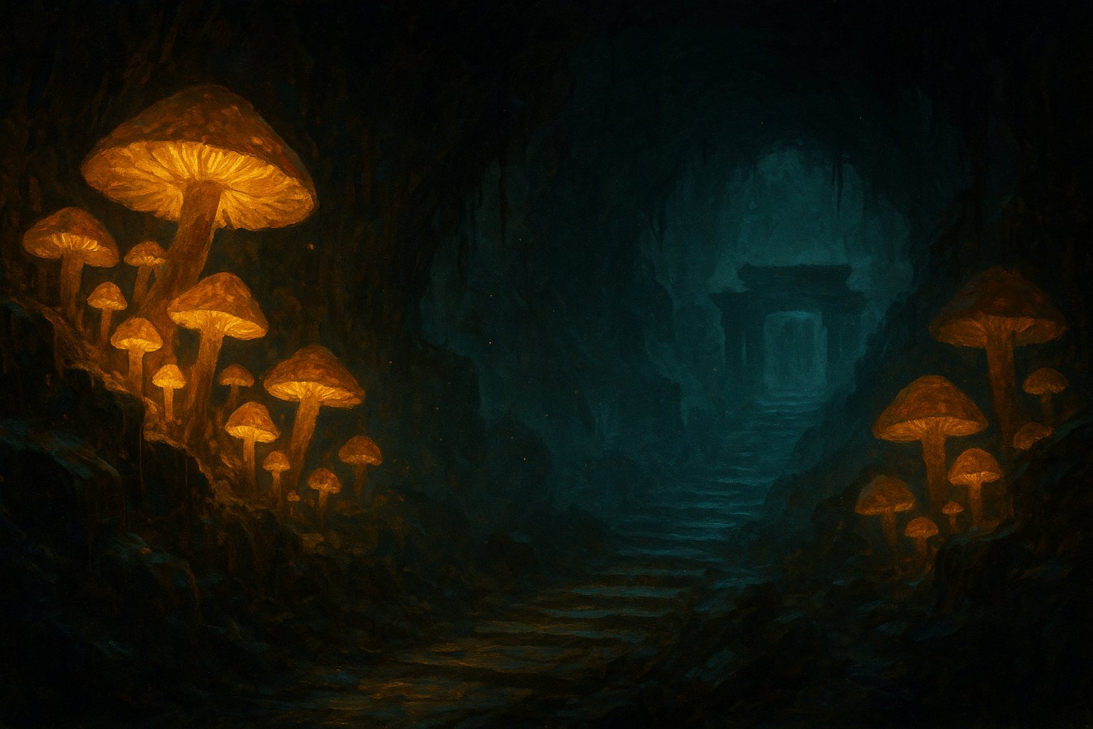 Chemin illustre vers le donjon Fungus, caverne aux champignons lumineux menant au Temple du Grand Ougah dans Dofus