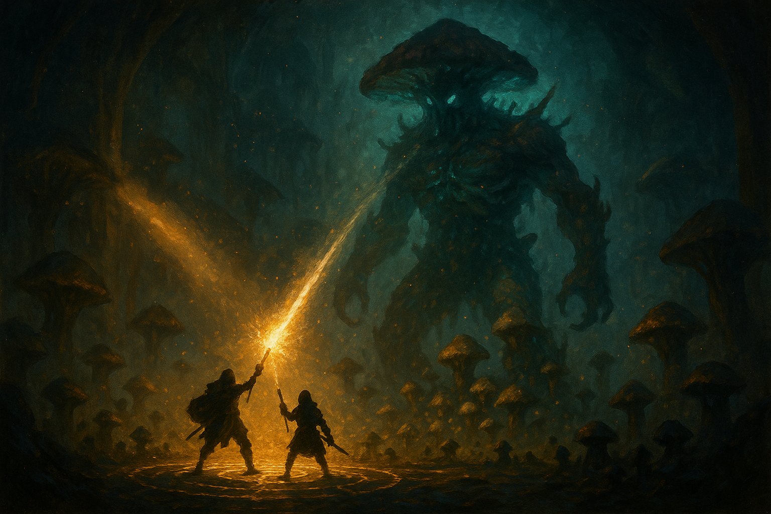 Illustration d'un affrontement contre le colosse-champignon Ougah, aventuriers face au boss et son aura de soin dans le Temple du Grand Ougah
