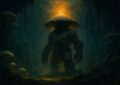 Colosse-champignon Ougah, boss du donjon Fungus, dans une caverne sombre eclairee d'une lueur doree - illustration OverGame