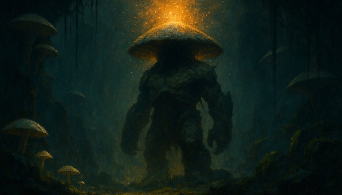Colosse-champignon Ougah, boss du donjon Fungus, dans une caverne sombre eclairee d'une lueur doree - illustration OverGame