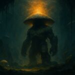 Colosse-champignon Ougah, boss du donjon Fungus, dans une caverne sombre eclairee d'une lueur doree - illustration OverGame