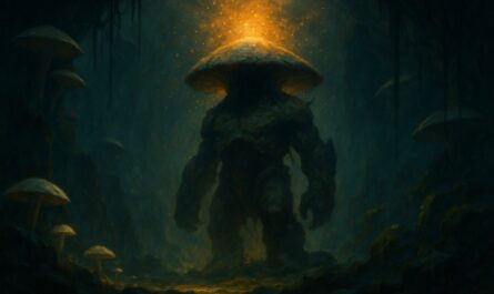 Colosse-champignon Ougah, boss du donjon Fungus, dans une caverne sombre eclairee d'une lueur doree - illustration OverGame