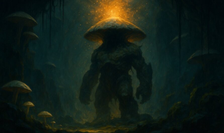 Colosse-champignon Ougah, boss du donjon Fungus, dans une caverne sombre eclairee d'une lueur doree - illustration OverGame