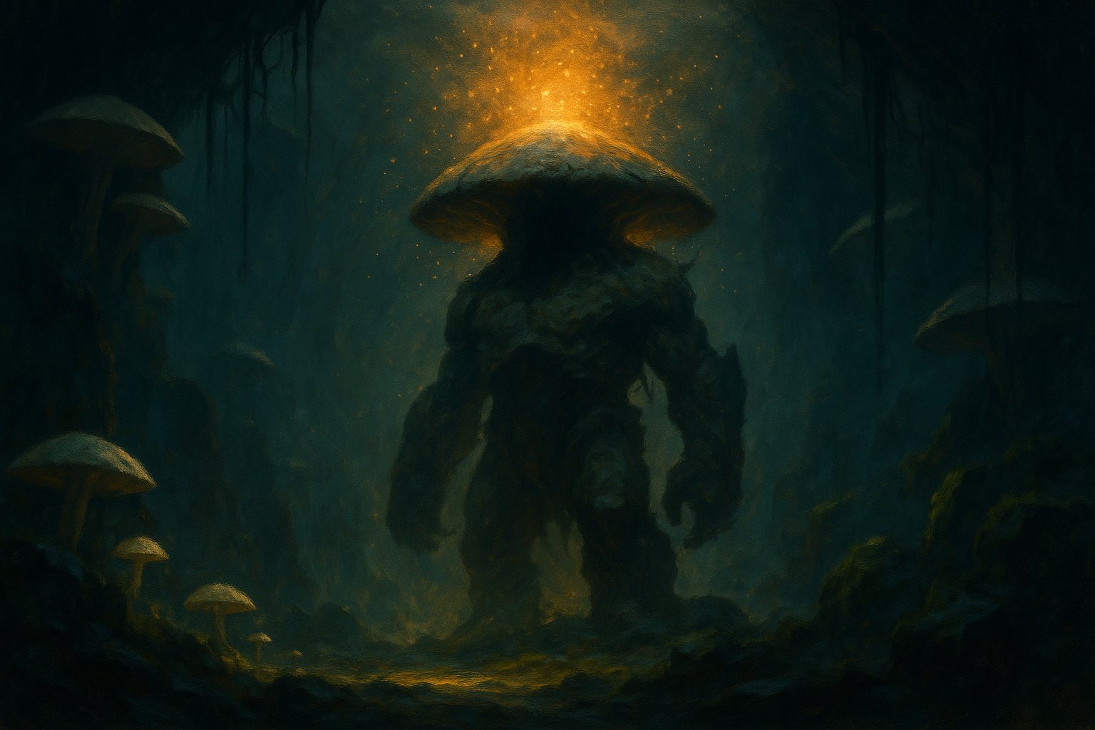 Colosse-champignon Ougah, boss du donjon Fungus, dans une caverne sombre eclairee d'une lueur doree - illustration OverGame