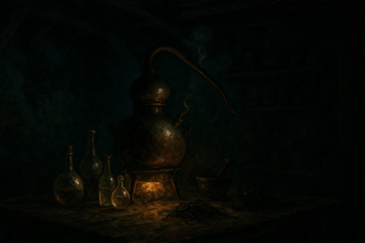 Alambic de cuivre et fioles dans un atelier d alchimiste sombre, fabrication du serum contre la Pandrista