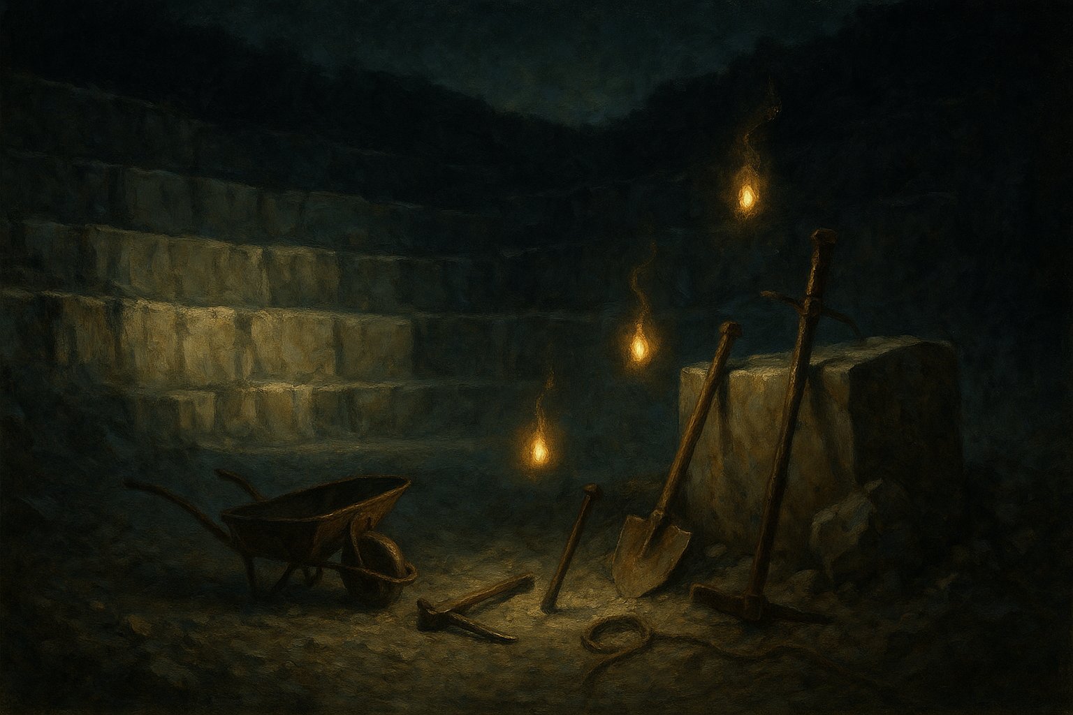 Carriere de pierre abandonnee avec outils au sol et esprits lumineux, zone des Sidoas dans la quete Le reveil de Pandala