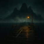 Pont de bambou en reconstruction menant a une ile montagneuse dans la brume, quete Le reveil de Pandala sur Dofus