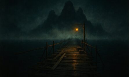 Pont de bambou en reconstruction menant a une ile montagneuse dans la brume, quete Le reveil de Pandala sur Dofus