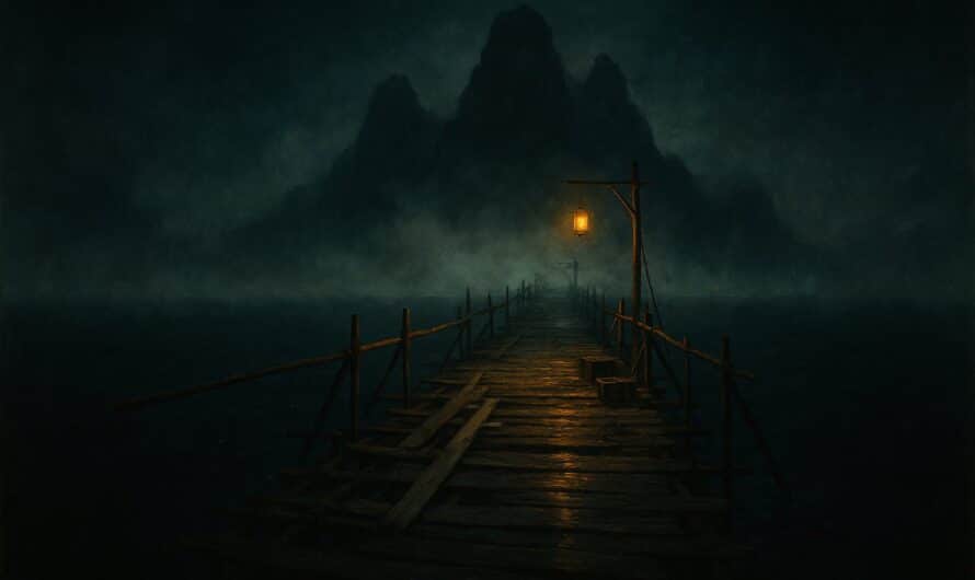 Pont de bambou en reconstruction menant a une ile montagneuse dans la brume, quete Le reveil de Pandala sur Dofus