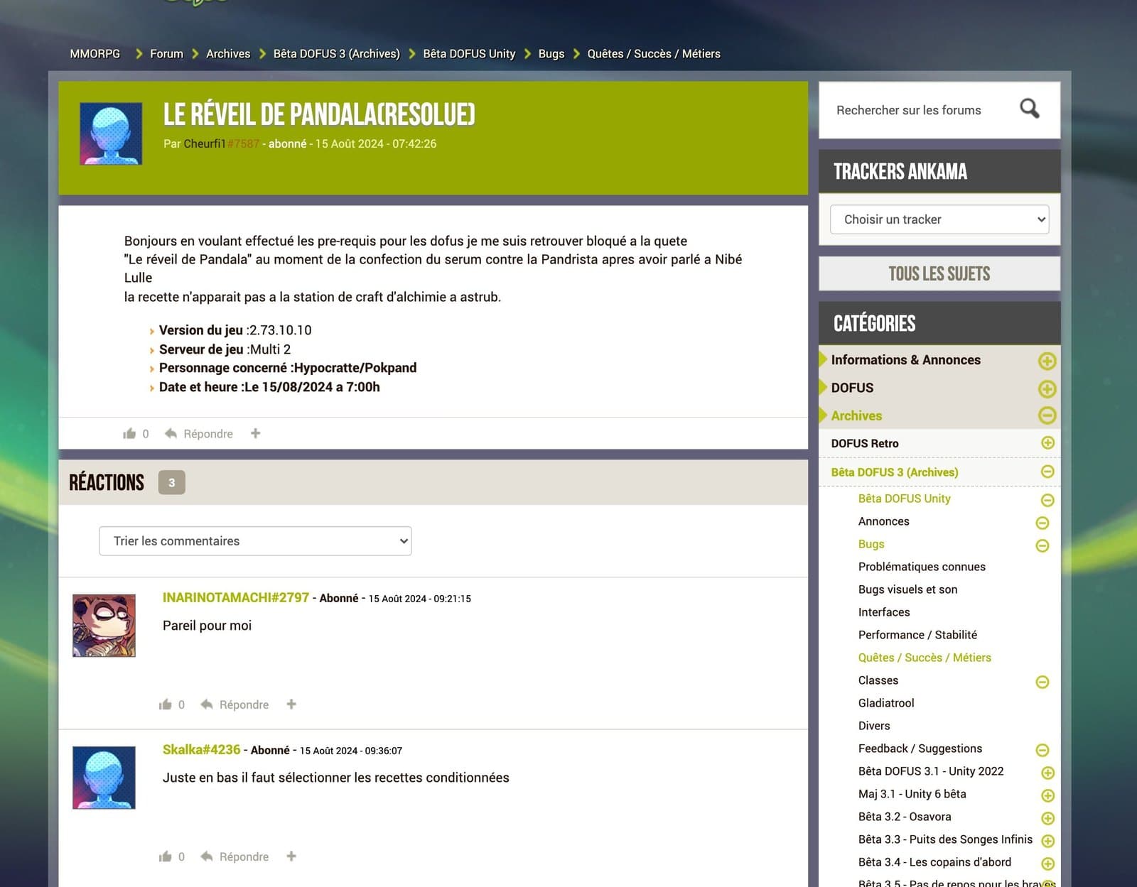 Fil du forum officiel Dofus ou la recette du serum contre la Pandrista n apparait pas a l atelier d alchimie
