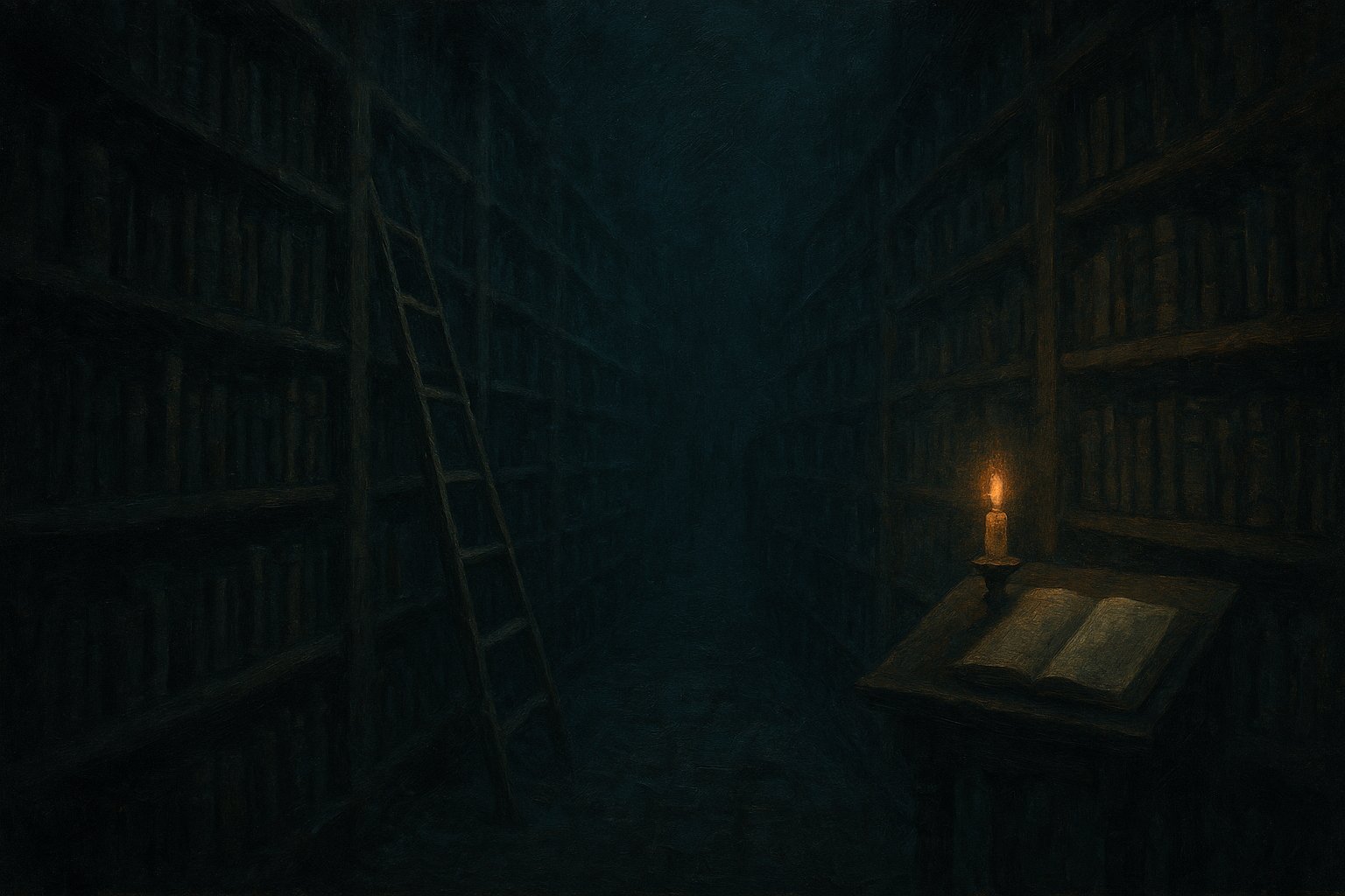 Bibliotheque medievale de nuit avec une bougie posee sur un pupitre, illustration de l etape bibliotheque d Astrub