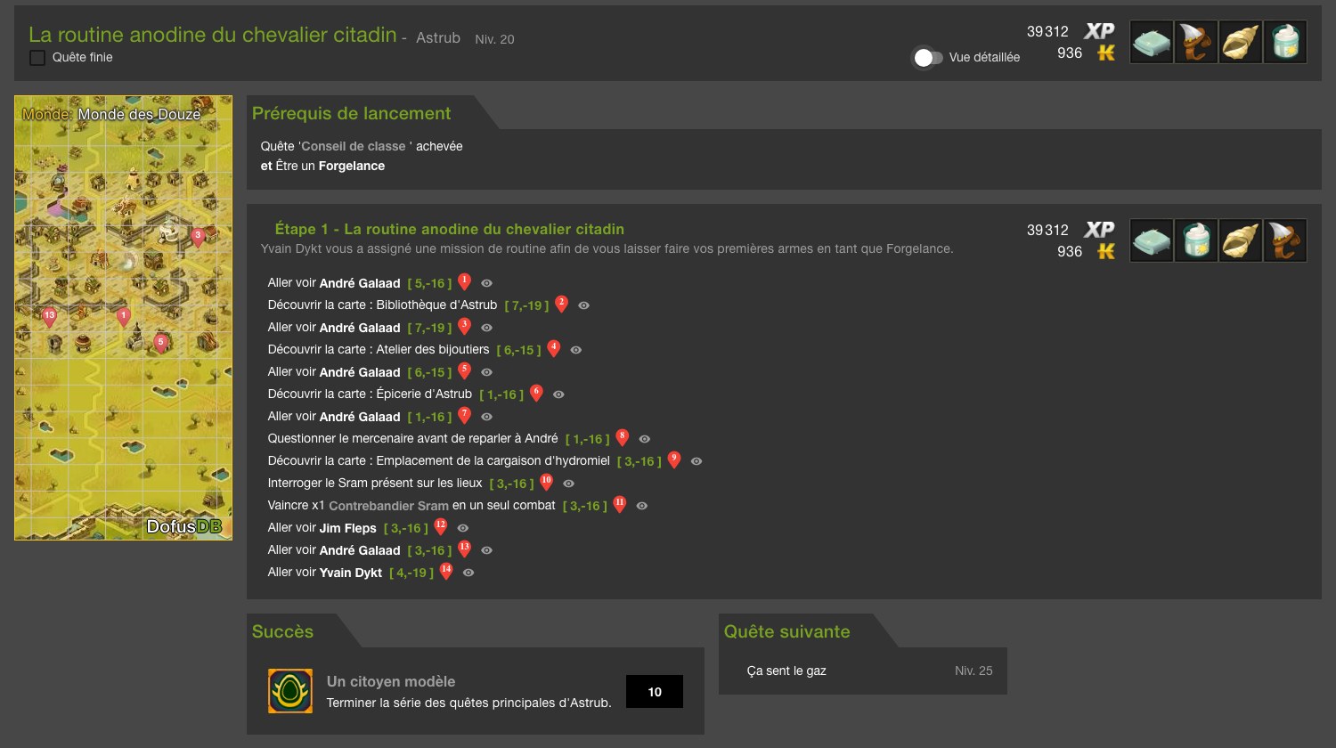 Capture de la fiche publique DofusDB de la quete La routine anodine du chevalier citadin : niveau 20, prerequis Conseil de classe et Forgelance, 14 objectifs avec coordonnees, 39 312 XP et 936 kamas