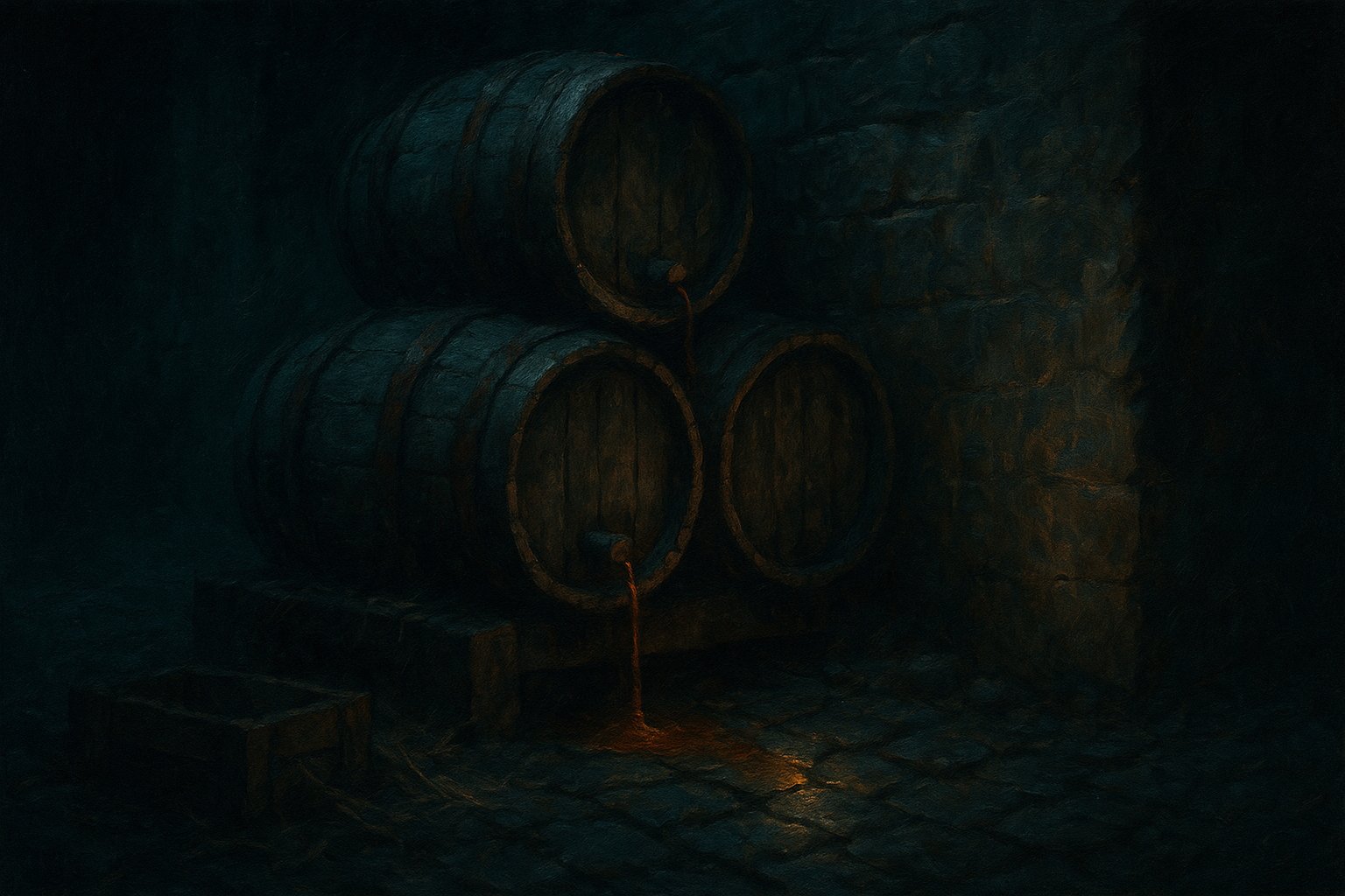 Tonneaux de bois cercles de fer laissant fuir un liquide ambre sur des paves, illustration de la cargaison d hydromiel de contrebande d Astrub