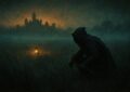 Silhouette d'un bandit encapuchonne guettant dans une prairie brumeuse pres d'une cite, key-art Dofus Sam Sagaz