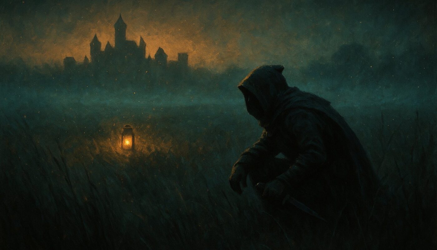 Silhouette d'un bandit encapuchonne guettant dans une prairie brumeuse pres d'une cite, key-art Dofus Sam Sagaz