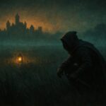 Silhouette d'un bandit encapuchonne guettant dans une prairie brumeuse pres d'une cite, key-art Dofus Sam Sagaz