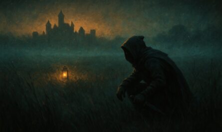 Silhouette d'un bandit encapuchonne guettant dans une prairie brumeuse pres d'une cite, key-art Dofus Sam Sagaz