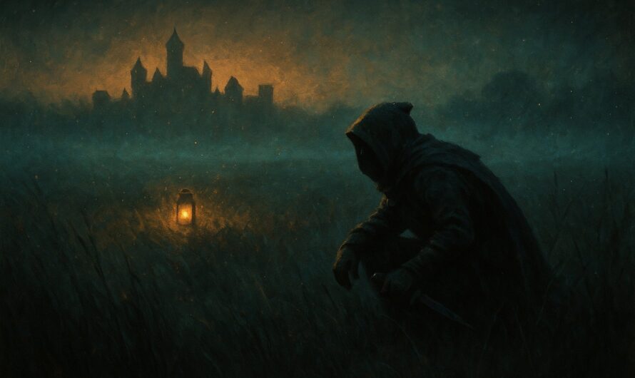 Silhouette d'un bandit encapuchonne guettant dans une prairie brumeuse pres d'une cite, key-art Dofus Sam Sagaz