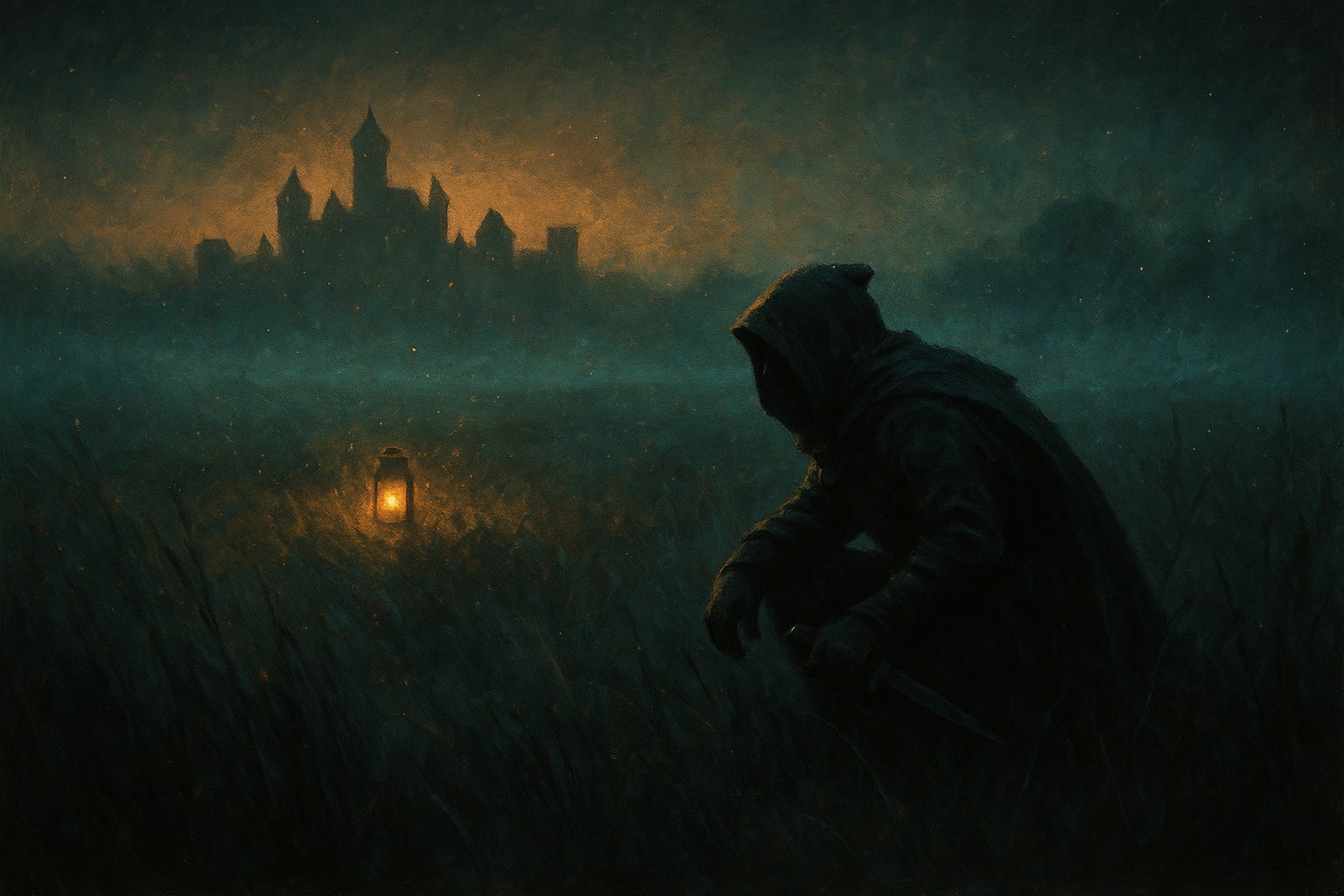 Silhouette d'un bandit encapuchonne guettant dans une prairie brumeuse pres d'une cite, key-art Dofus Sam Sagaz