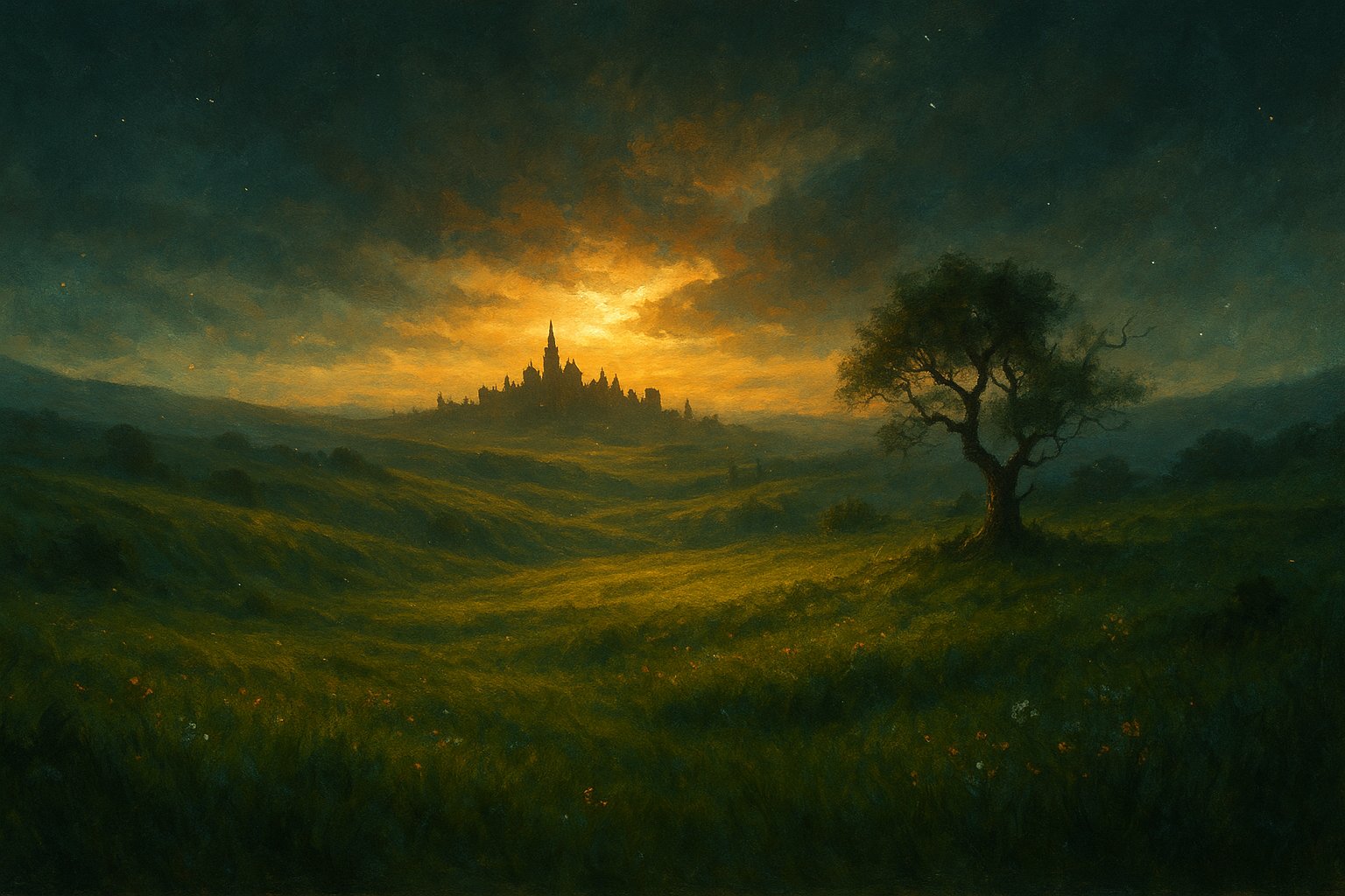 Vastes prairies vallonnees menant a une cite fortifiee lointaine au crepuscule dore, key-art Dofus Prairies d'Astrub