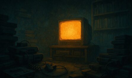 Antre de collectionneur éclairé par la lueur dorée d'un téléviseur cathodique entouré de consoles rétro