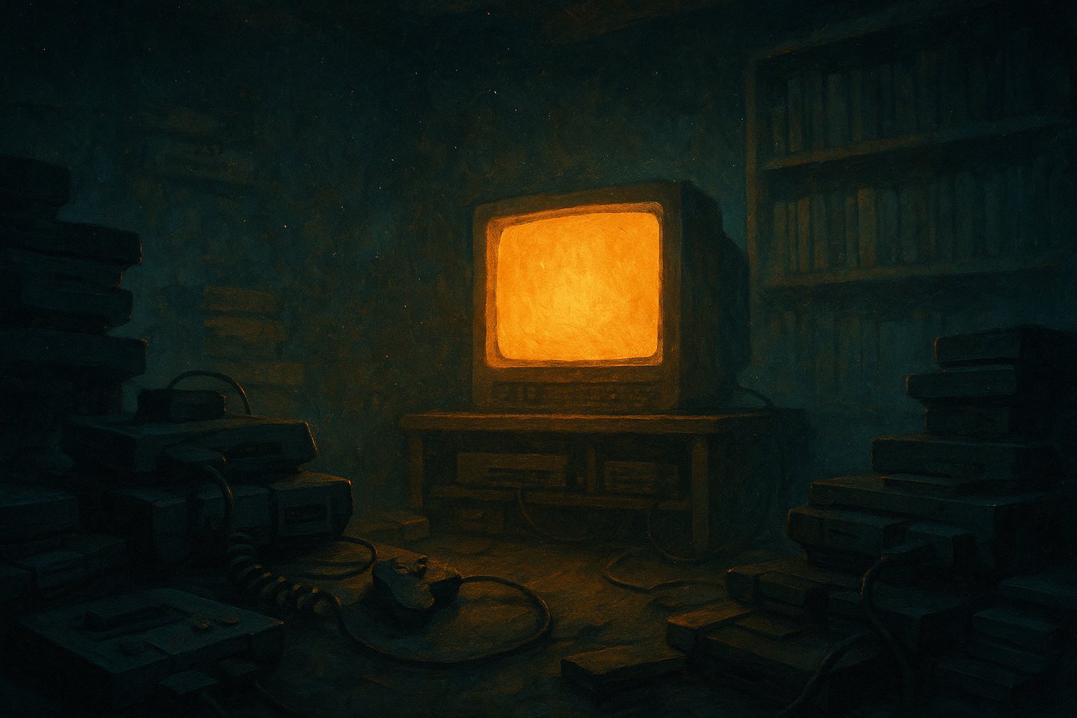 Antre de collectionneur éclairé par la lueur dorée d'un téléviseur cathodique entouré de consoles rétro