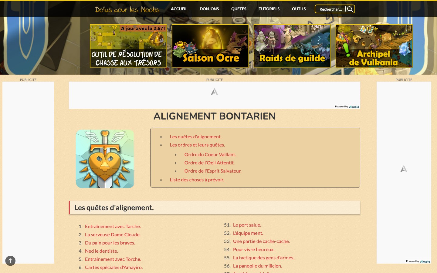 Tableau des quêtes d'alignement Bontarien de Dofus pour les Noobs : liste, ordres et ressources à prévoir